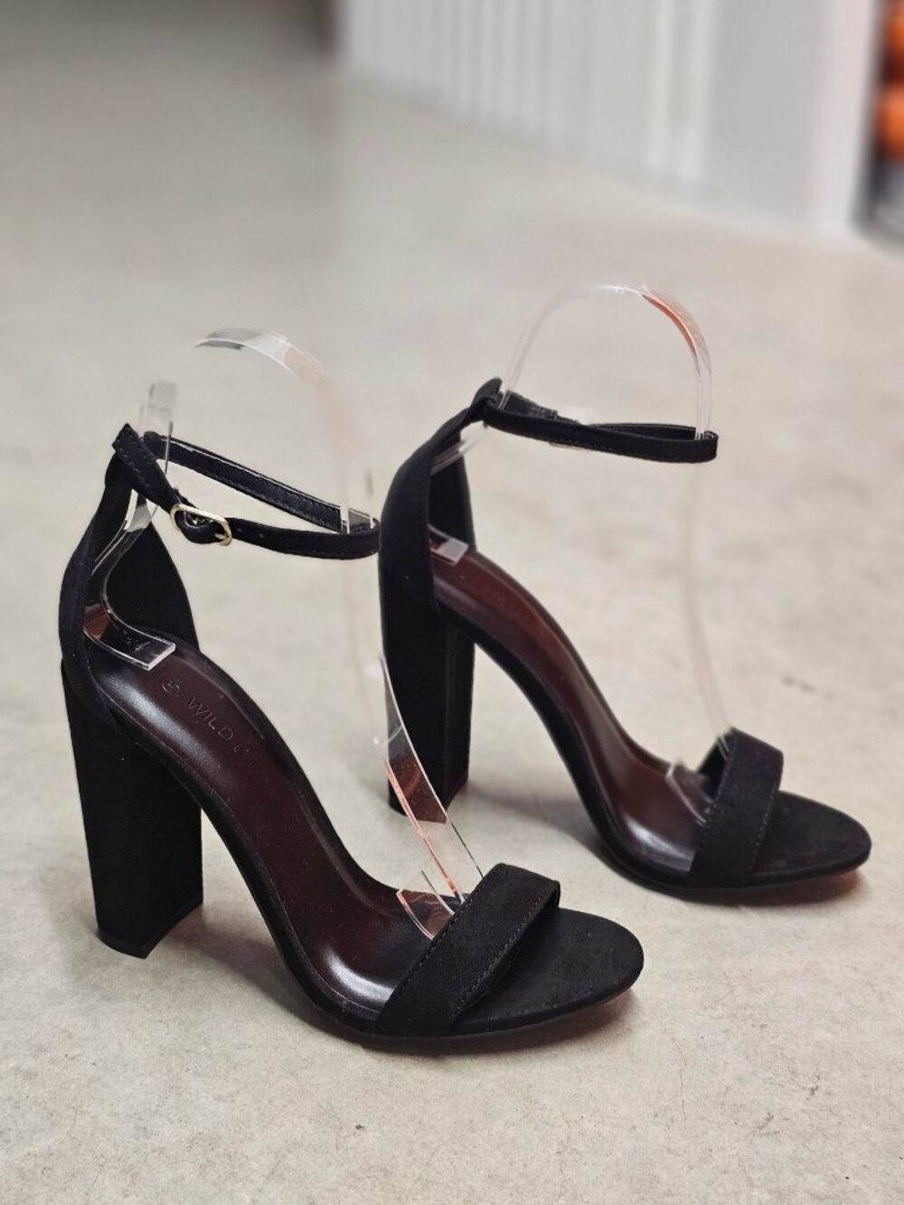 Womens Black Suede Block Heel Sandals With Adjustable Ankle Strap